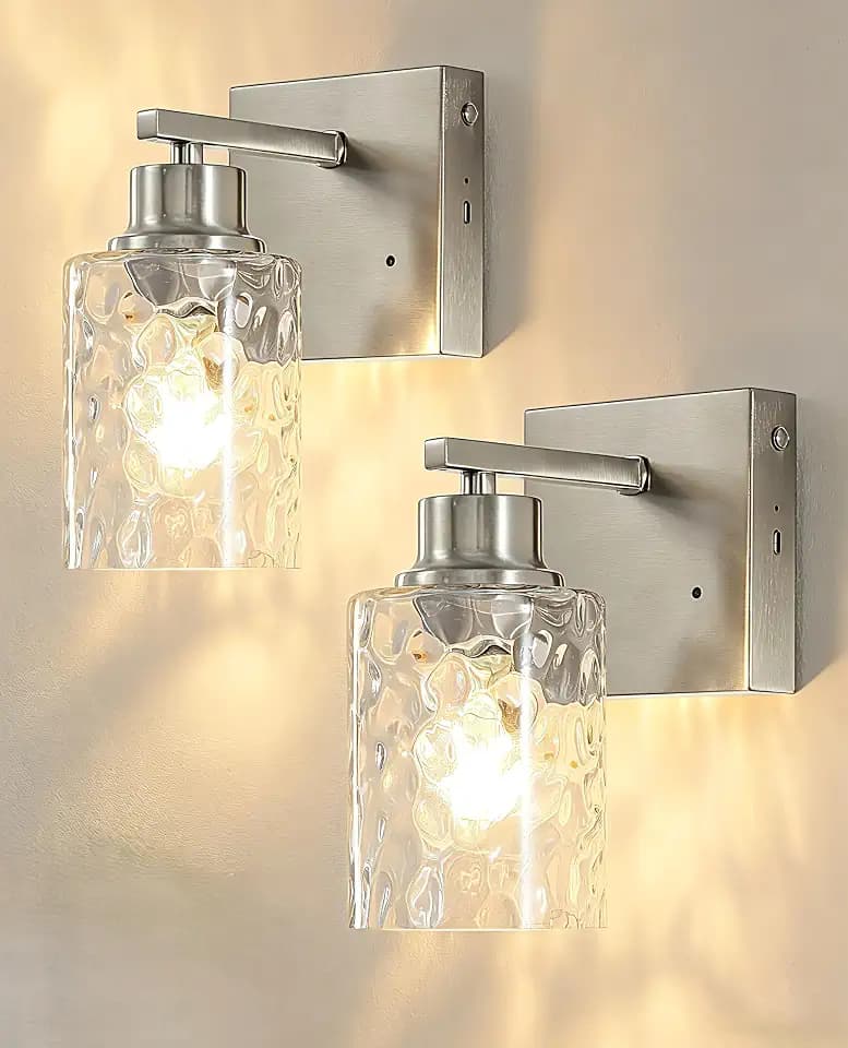 Hammered Glass Wireless Battery Operated Wall Sconces Set of Two Nickel