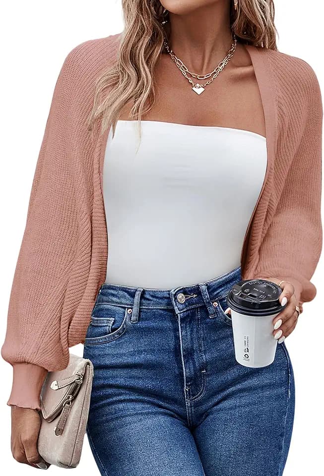 HOTOUCH Women's Cardigan Shrugs Long Batwing Sleeve Knitted Cropped Bolero Open Front Casual Elegant Cardigans for Dresses
