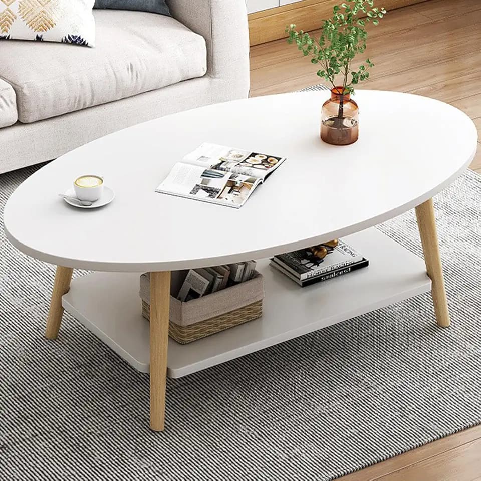 Couchtisch, doppelschichtig, aus Holz, 100 x 40 x 40 cm, Dicke der Platte: 15 mm, oval, weiß, mit Beinen aus Kiefer, für Wohnzimmer und Wohnung