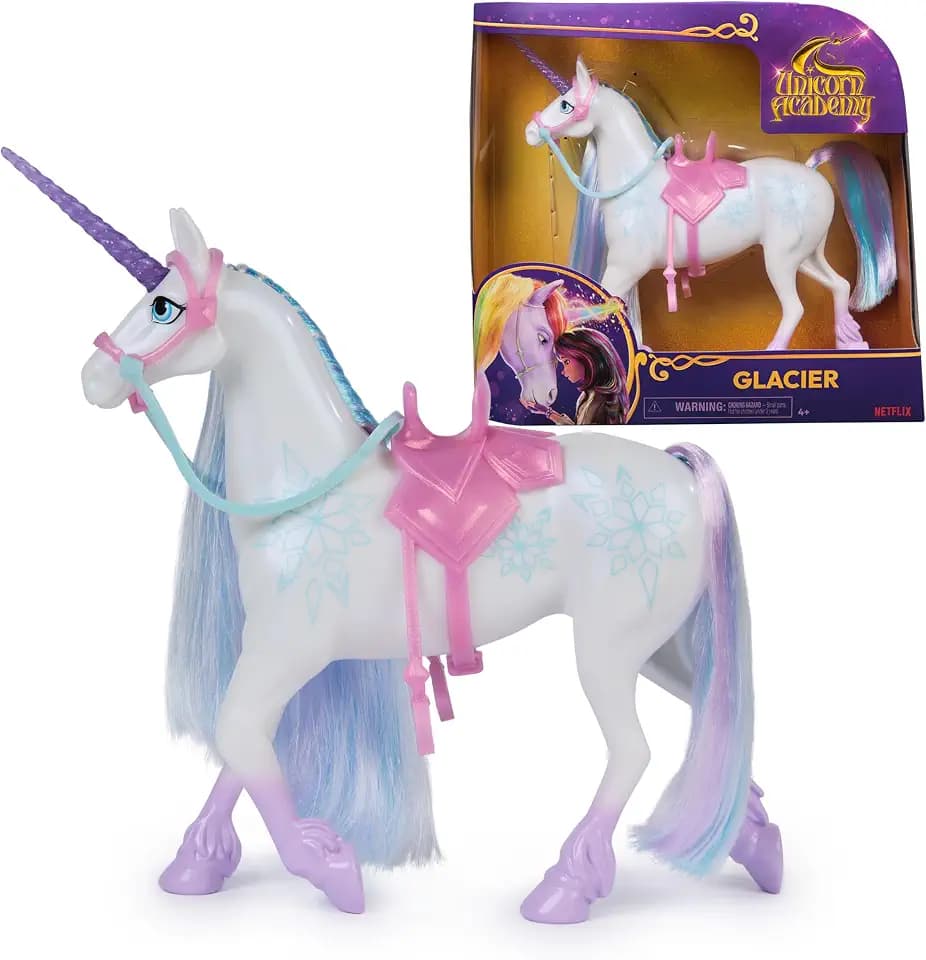 Unicorn Academy Einhorn Glacier – ca. 28 cm großes Einhorn von Layla zur beliebten Netflix-Serie, 2 Reitzubehörteilen und abnehmbarem Zaumzeug für realistisches Rollenspiel, ab 4 Jahren