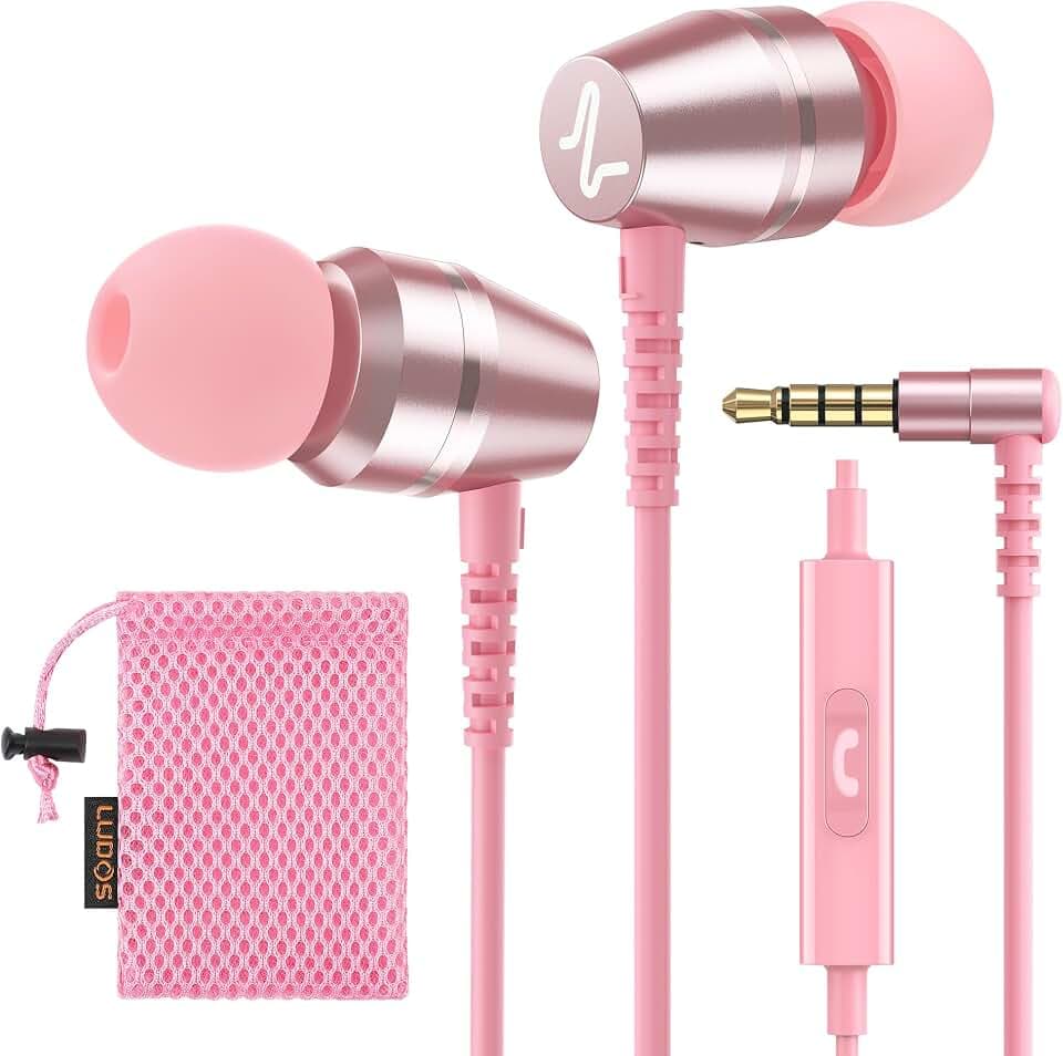LUDOS OMNITONE Kopfhörer In Ear Kopfhörer mit Kabel und Mikrofon, 5 Jahre Garantie, In Ear Ohrhörer, 3,5 mm Klinkenstecker Earbuds, Satte Bässe Earphones, Headphones für iPhone, iPad, Samsung - Rosa