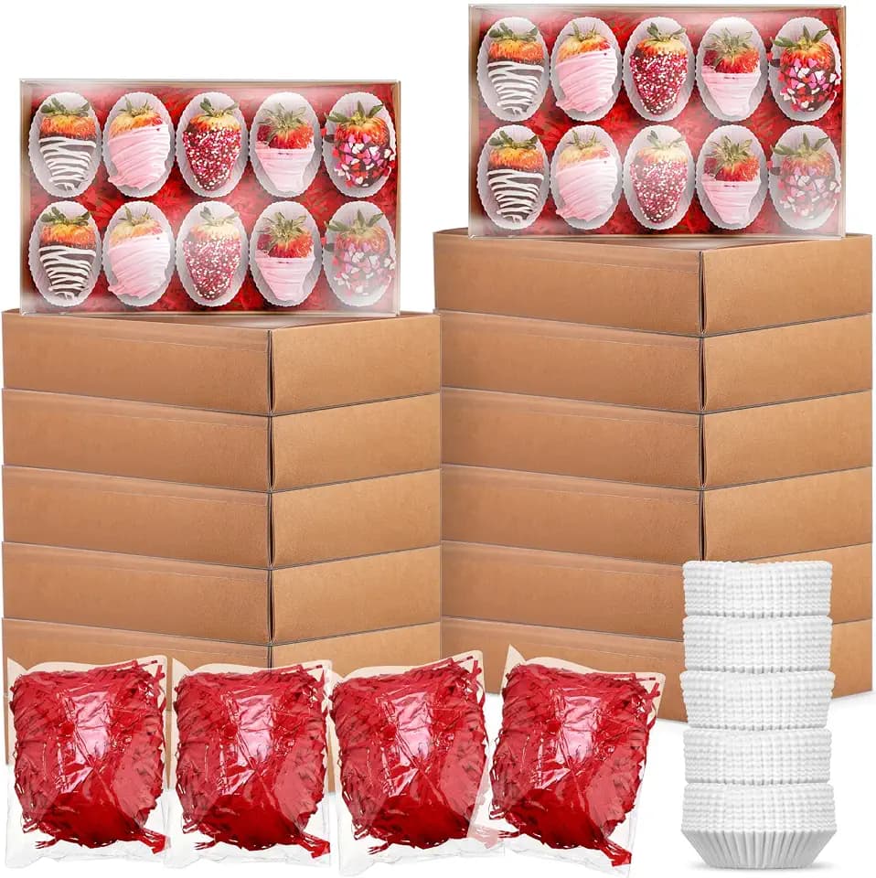 Dunzoom 30 Sets of Cookie Boxes, 9.5x5.9x1.8 Inches Bakery Boxes with Clear Lids, 250 Paper Food Trays and 4 Raffia, Pastries Macaron Strawberries Box for Valentine‘s Day Party(Brown)