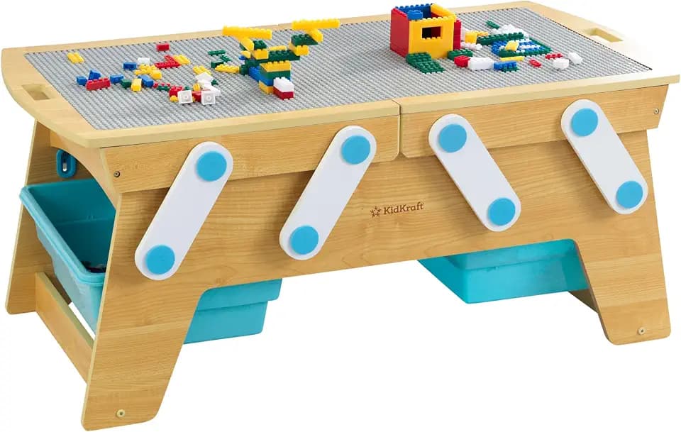 KidKraft Building Bricks Play N Store Wooden Table with 200+ Bricks, 3 Bins