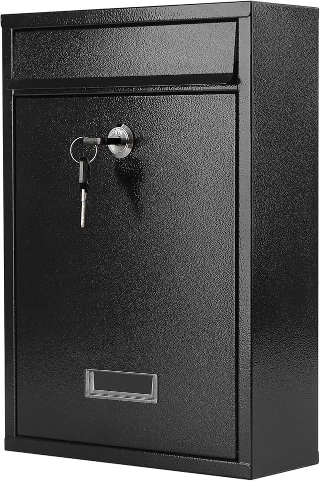 KYODOLED Locking Mailbox for Outside, Large Black Wall Mount Mail Drop Box