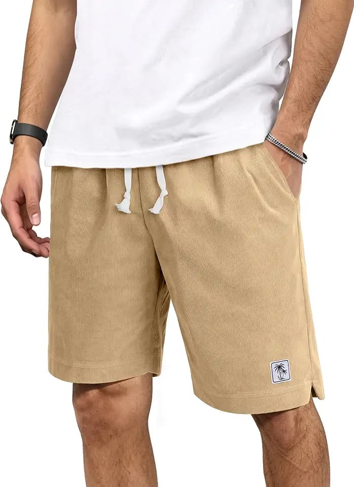 PLEPAN Mens Corduroy Shorts 7'' Casual Summer Beach Lounge Shorts
