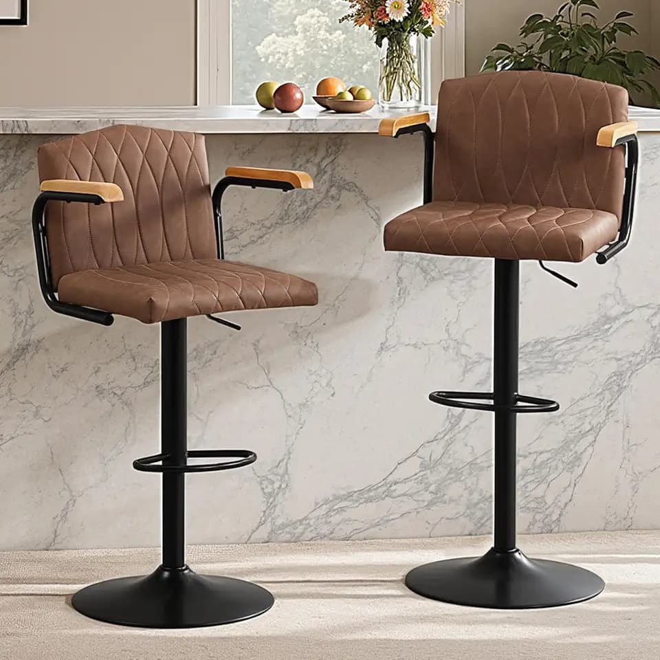 VECELO Adjustable Swivel Bar Stools Set of 2, Upholstered Faux Leather Bar Chairs with Back & Armrests, Modern Disc Base Barstools for Kitchen Island & Bar