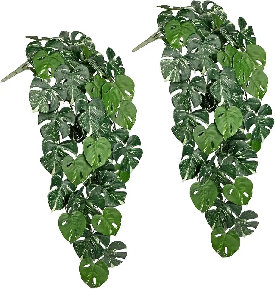 Briful Künstliche Hängepflanzen Set – 2er Pack Kunstpflanzen Hängend mit Monstera Deliciosa – Grüne Deko für Wohnzimmer, Bad, Balkon – Rankenpflanzen