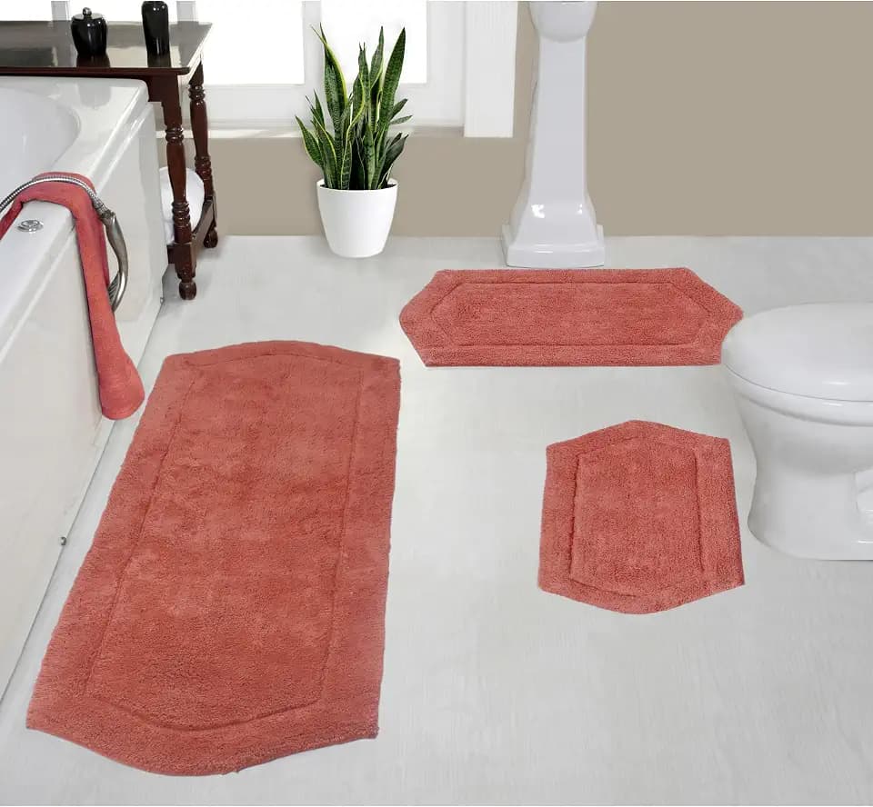 Home Weavers 100% Cotton Tufted Waterford Collection, Extra Soft and Absorbent Bath Rugs, Machine Washable Bath Mats for Bathroom, 3 Piece Set with Runner, Coral