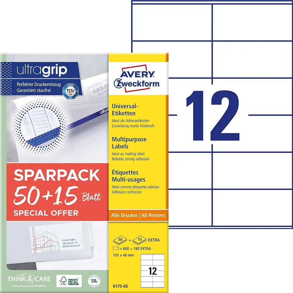 AVERY Zweckform 6175-65 Adressaufkleber (600 plus 180 Klebeetiketten extra, 105x48mm auf A4, Papier matt, bedruckbare Absenderetiketten, selbstklebende Adressetiketten mit ultragrip) 65 Blatt, weiß