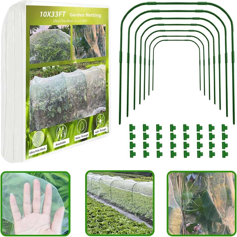 Garden Netting Kit, 8 Sets Garden Hoops with 10x33FT Garden Mesh for Raised Beds, Ultra Fine Plant Netting for Vegetable Fruits Crops Row Cover Barrier Protection Net for Animals