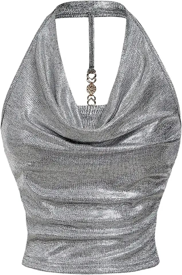 Milumia Women Metallic Halter Y2k Crop Tops Cowl Neck Party Club Rave Shirt