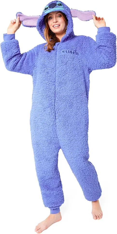 Disney Stitch Onesie Damen & Teenager, Lilo und Stitch Fleece Einteiler Damen mit Kapuze & Ohren Geschenke Erwachsene