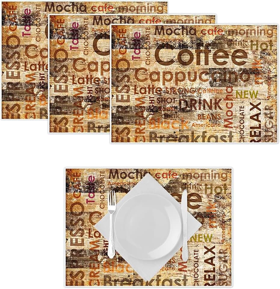 Artipics Tischsets More Coffee Platzsets Abwaschbar Kunststoff 4 Stück je 42 x 30 cm Grunge Shabby Kaffee Tischdeko Platzdeckchen Küche | Essbereich | Gäste | Balkon | Terrasse | Gewerbe