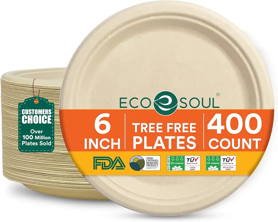 ECO SOUL 6 Inch Disposable Bagasse Paper Plates (400 Pack, Round)
