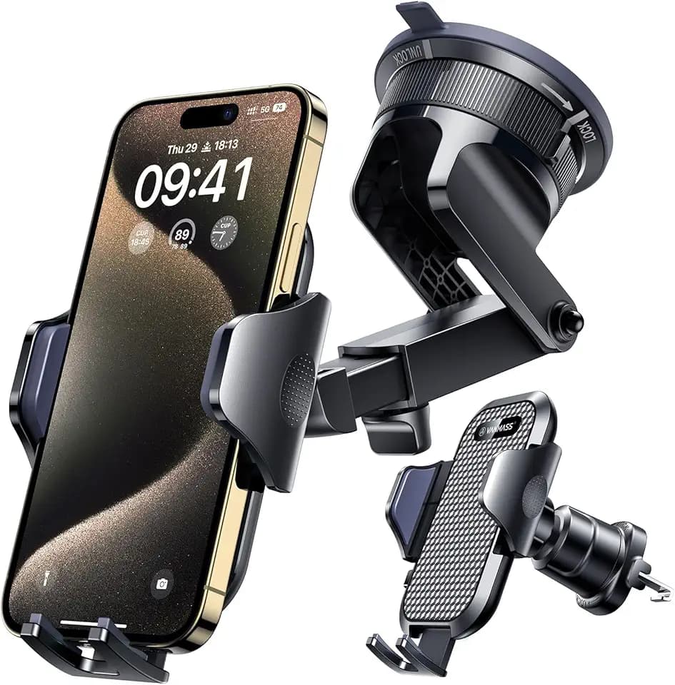 [True Military-Grade] Car Phone Holder VANMASS [Upgraded Strongest Suction&Clip] Cell Phone Mount for Dashboard Windshield Vent Kit, Truck Cradle Stand for iPhone 18 Pro Max 17 16 15 Android,Ink Black