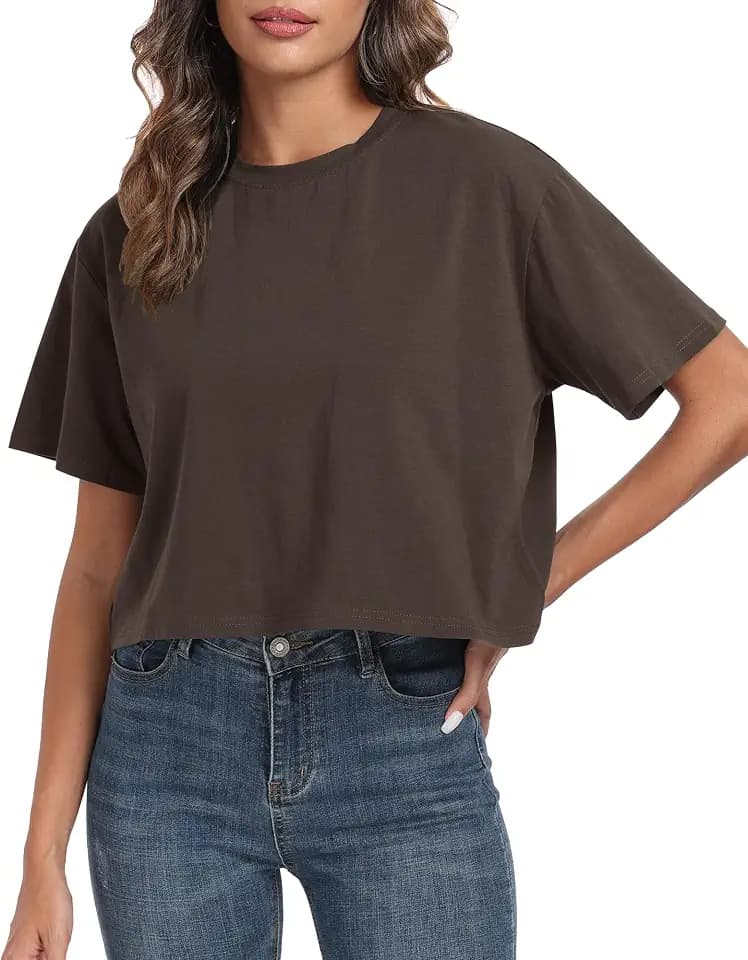 PRIMODA Women's Oversized Workout Cropped T Shirts Crew Neck Short Sleeve Casual Loose Summer Crop Tee Tops Cotton