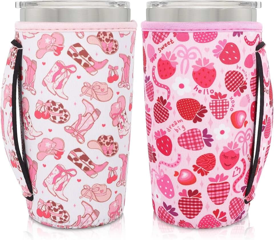 2Pack Cup Holder with Handle, 20oz-24oz Tumbler Cup, Cowgirl & Strawberry