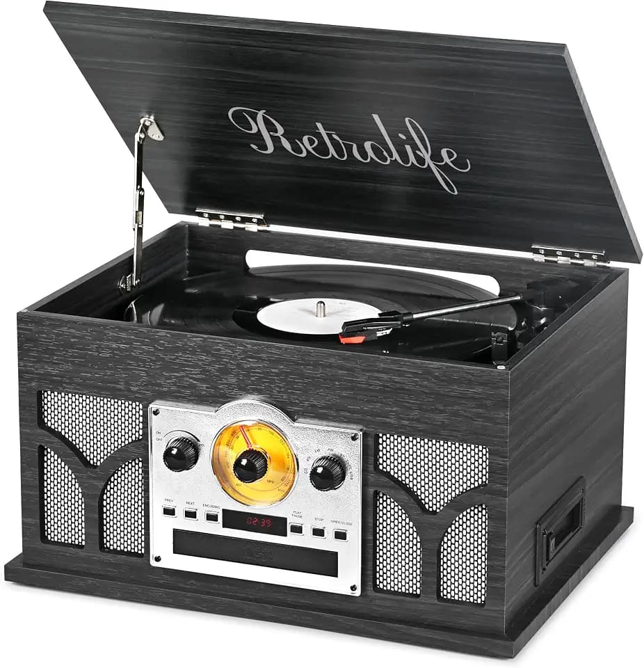 10-in-1 Record Player with Built-in Speakers Wireless Playback, CD & Cassette Player, USB Player, AM/FM Radio, 3 Speeds Turntable Vinyl Record Player, Black