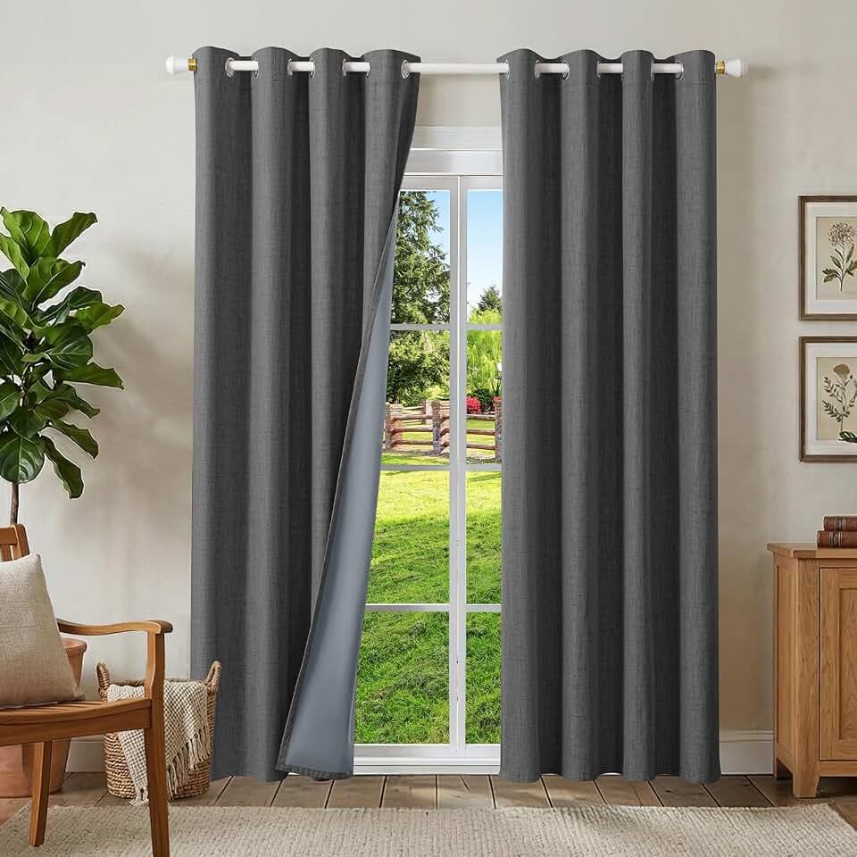100% Verdunklungsvorhänge Leinen Gardinen mit Ösen, Thermovorhang | 2er Set, H220xB140 Grau, Leinenoptik Vorhang Blickdicht, UV-Schutz Wärmeisolierend Schallschutz Schlafzimmer Wohnzimmer