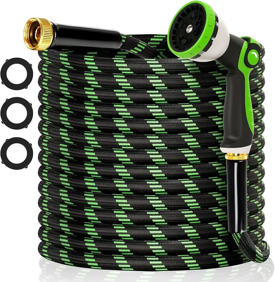 Garden Hose 50 ft Flexible Water Hose Non-Expanding Lightweight Kink-Free Hoses Durable Leak-Proof High Pressure Pipe with 3/4” Brass Fitting 10 Function Nozzle for Outdoor Yard Lawn Car Wash
