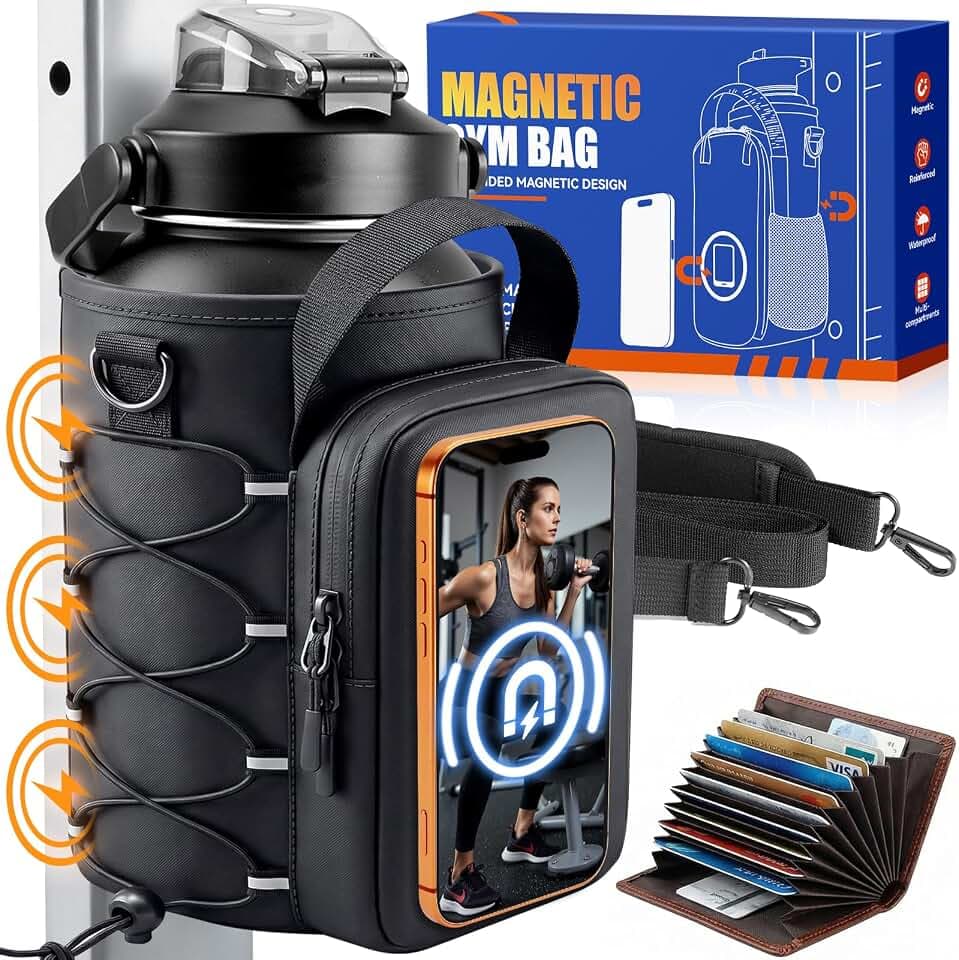RIBOTS Magnetic Gym Bottle Bag: Dual-Sided Magnetic Gym Bag with Front Phone Mount - N52 Magnet Gym Bottle Bag Fits 21-40oz Bottles - Waterproof Fabric Adjustable Strap for Gym Lovers Workout Walking