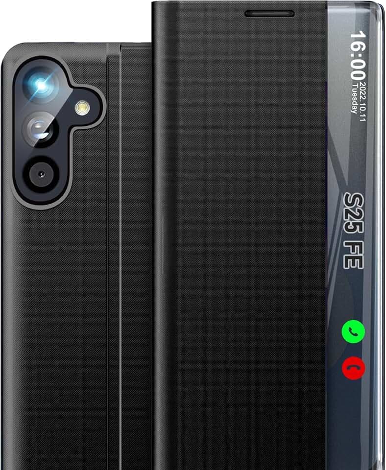 Handyhülle für Samsung Galaxy S25 FE 5G Hülle Klappbar, PC Stoßfest Dünn Spiegel Clear View Flip Case S25 FE Cover mit Ständer für Samsung S25 FE Schutzhülle (Schwarz)