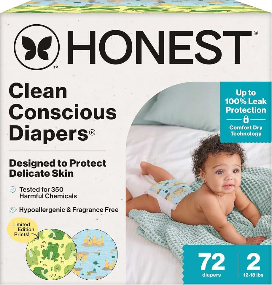 The Honest Company Diapers, Hypoallergenic, UR Ribbiting, Size 2, 72 Count