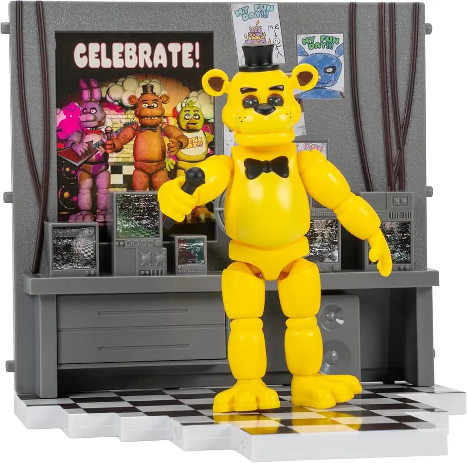 Jazwares Five Nights at Freddy’s Golden Freddy Office Set - 5-Inch Articulated Figure with Jumpscare Feature, Glow-in-The-Dark Eyes, and Optical Diorama