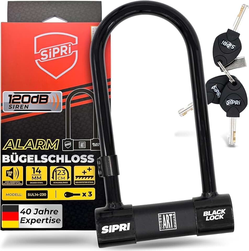 SIPRI® Fahrradschloss mit Alarm 120 dB | Gehärtetes Bügelschloss für E-Bike | E-Scooter & Motorrad | 14 mm Stahl | 230 mm | wetterfest | Diebstahlschutz | Schloss mit Schlüssel | robust & sicher