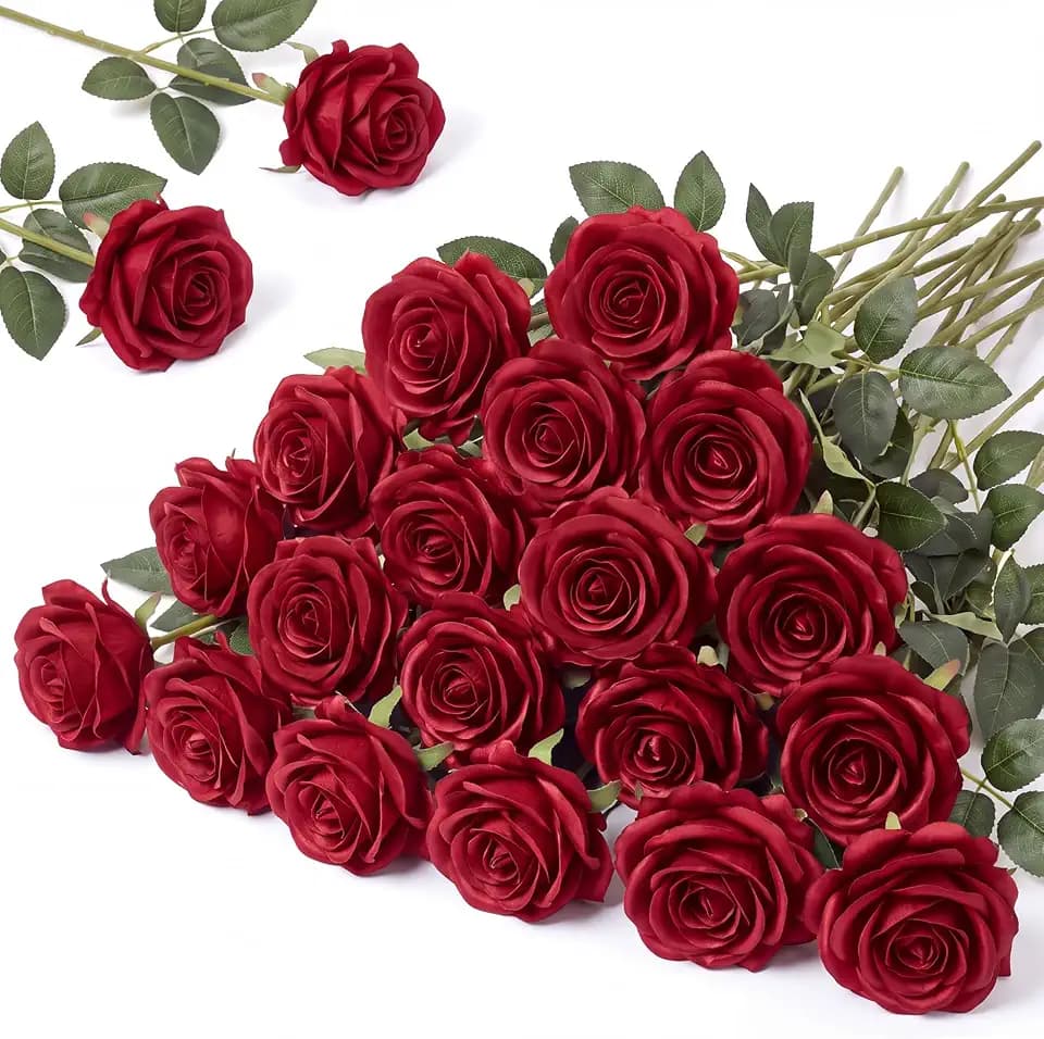 Hotop 20 Pcs Artificial Rose Flowers with Long Stem for Wedding,Wine Red
