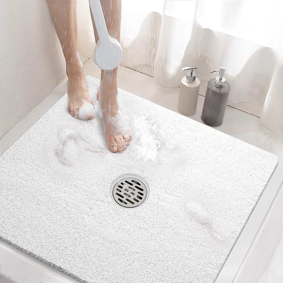 HITSLAM Square Shower Mat, 24 x 24 Inch Non Slip Bath Mat for Tub, Soft PVC Loofah Bathtub Mats with Drain Holes, Quick Drying Bathroom Stall Floor Mat, Bathroom Accessories Without Suction Cup, White