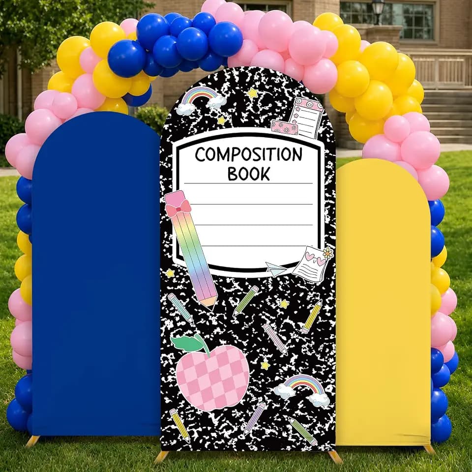 Composition Notebook Backdrop Covers 4ft 5ft 6ft Back to School Stretchy Stand Spandex Arch Cover Background for Kid First Day of School Background for Kindergarten Party Decorations Supplies