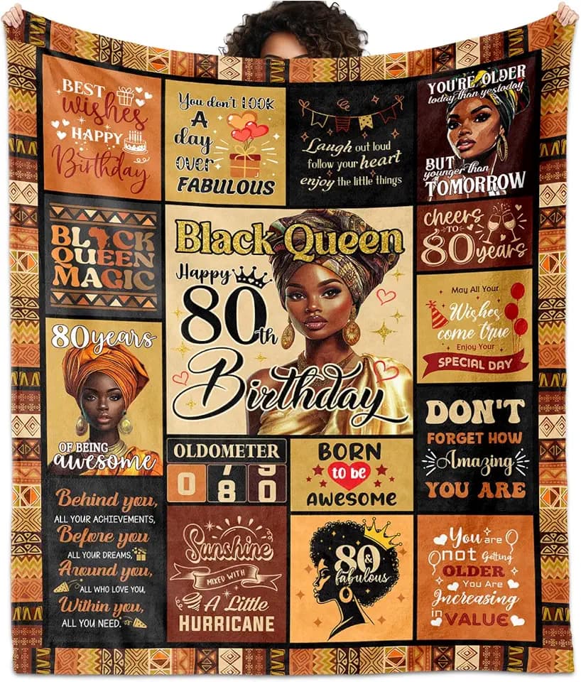 African American 80th Birthday Gifts for Women Blanket 60"X50", Encouragement Inspirational Bday Gift, 80 Year Old Birthday Gifts for Black Women Mom Lady Girl Friend
