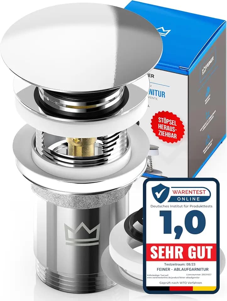 FEINER® Universal Waschbecken Ablaufgarnitur – Passend für Waschbecken & Waschtische mit und ohne Überlauf, Stöpsel herausziehbar mit Haarfänger, inklusive GRATIS Ersatzdichtungen & Einbauanleitung