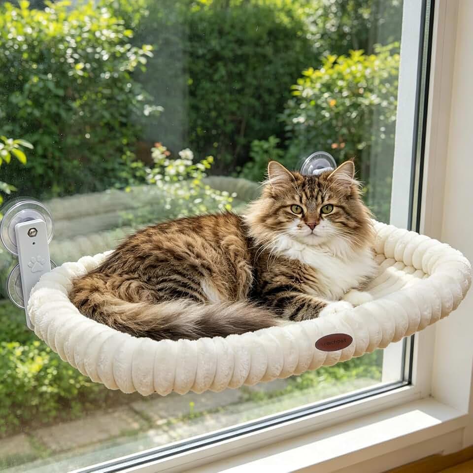 Woochpet Cat Window Perch for Window with Solid Metal Frame and Ultra Soft Machine Washable Bed with 4-Sided Bolster, 4 Strong Suction Cups Window Resting Seat,Cordless Foldable Cat Hammock Bed