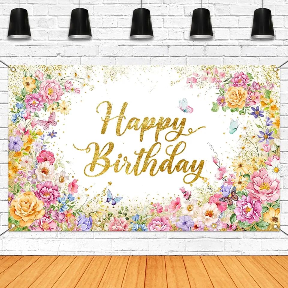 Mocsicka Floral Wildflower Happy Birthday Banner 70.8 x 43.3 Inch