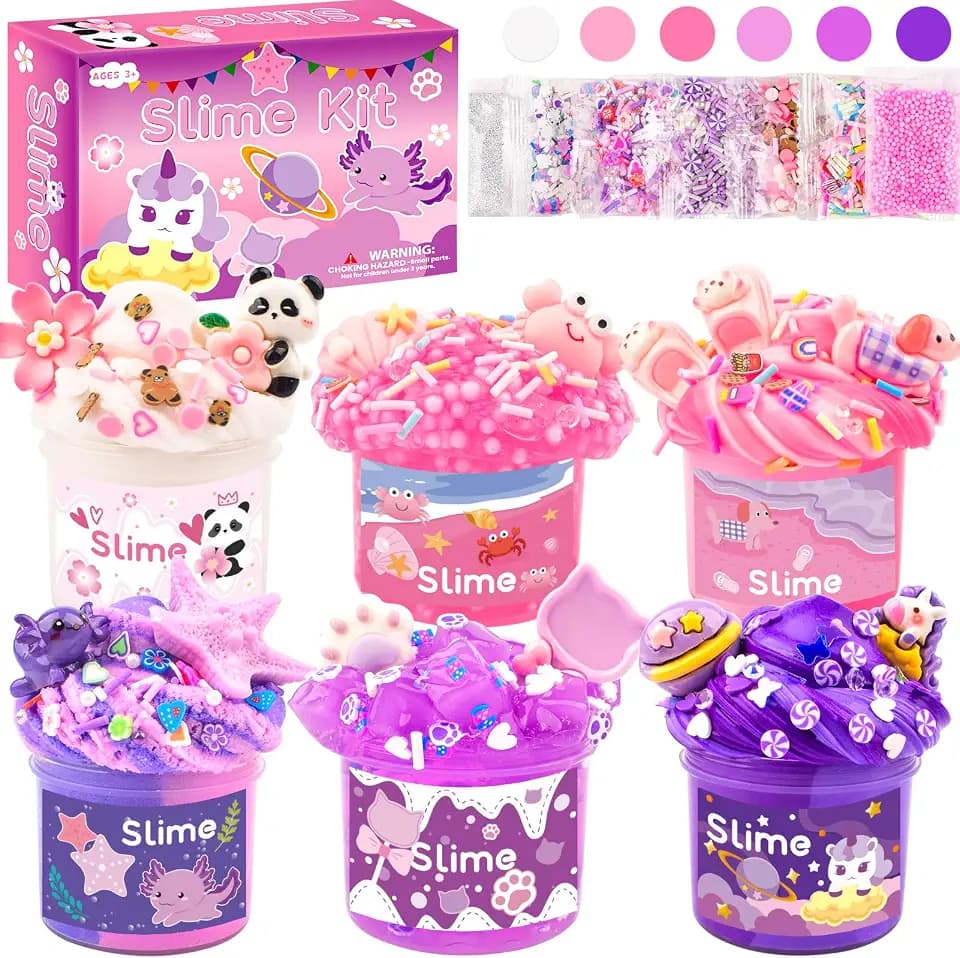 6 Pack Pink & Purple Slime kit for Kids- Cloud Butter & Clear Slimes, Cute Animal Theme Party Favors, Sensory Toys for Kids Girls Boys Ages 4-12, Goodie Bag Stuffers, Birthday Gift Ideas Cute Stuff