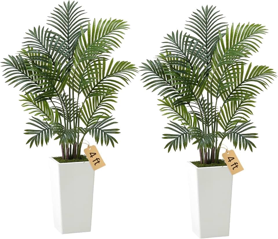 VEVOR Künstliche Areca-Palmen, 1,2 m, 2er-Pack Kunstpalmen, Tropische Pflanzen mit weißem Pflanzgefäß, Kunstseidenpflanze im Topf, Kunstbaum für Veranden, Wohnzimmer, Terrassen, Zuhause, Büro