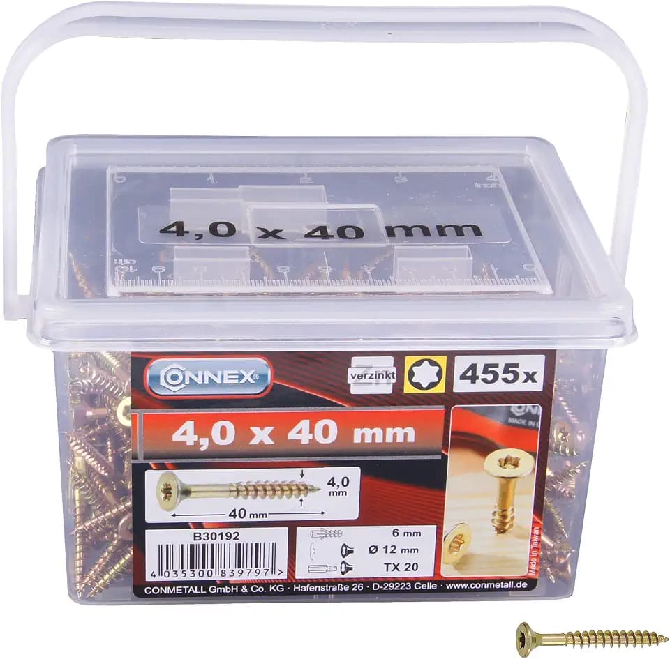 Connex Universalschrauben 4,0 x 40 mm - 455 Stück im Set - Senkkopf - TX-Antrieb - Teilgewinde - Gelb verzinkt / Schrauben-Set / Schrauben-Eimer / B30192