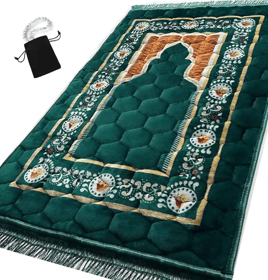 Islamika Gebetsteppich Muslimische Matte Islamisch - Türkischer Stil O Gebetsteppich Sajadah für Kinder Männer Frauen mit Islam Gebetskette für Eid Reisen Ramadan, weich und luxuriös (Grün Dl)
