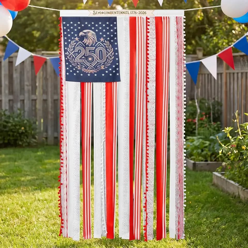 250 Anniversary USA Decorative Door Hanging, Patriotic Ribbon Tassel Wall Banner, 4 x 2.3 Ft 1776-2026 American Flag Porch Decor 4th of July Decorations for Home Outdoor Indoor (1776-2026)
