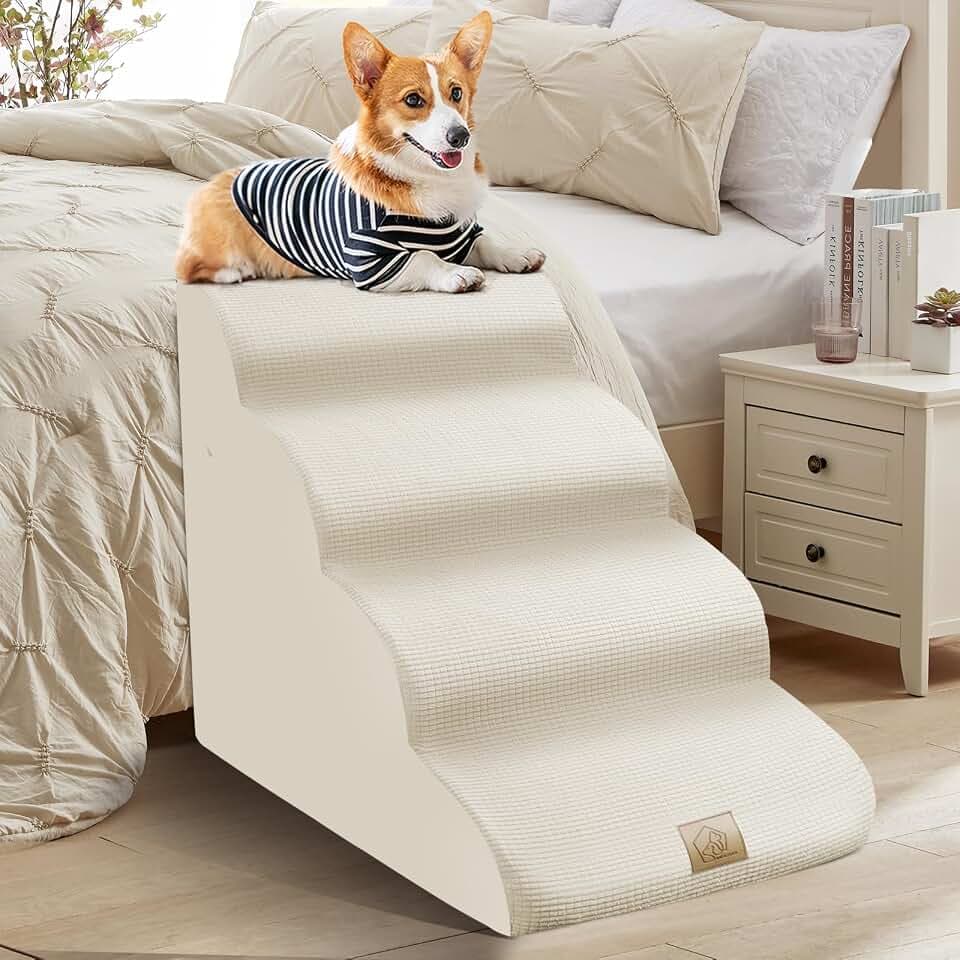Mestuel Dog Stairs for Small Dogs Cats, Small Pet Stairs Steps, Foam 6-Tier Pet Stairs Steps for Couch Sofa, Dog Ramp Ladder Indoor with Nonslip Bottom &Washable Cover, Beige