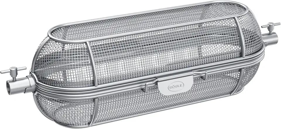 RÖSLE Drehspießkorb, Hochwertiger Grillspießkorb für Kartoffelspalten und Gemüsewürfel, passend zu allen RÖSLE Premium-Drehspießen, Edelstahl 18/10, silbern