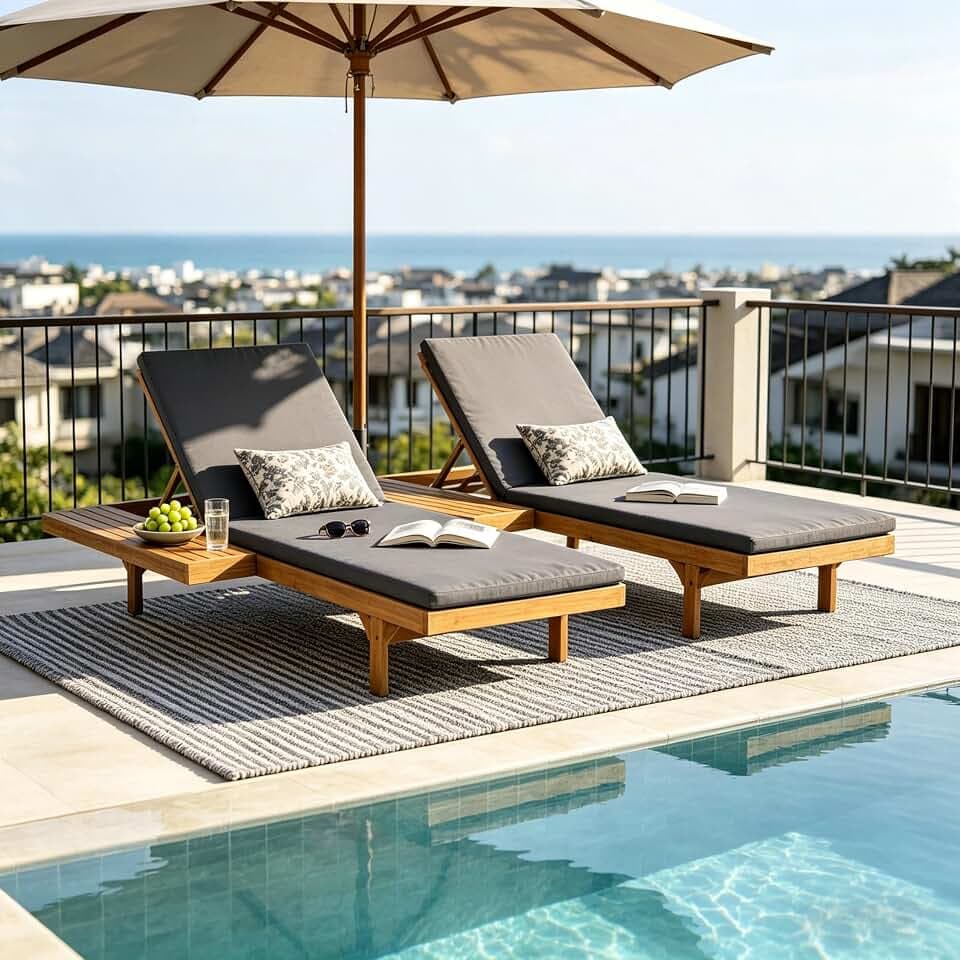 Christopher Knight Home Acacia Wood Chaise Lounge Chair Set of 2, Double/Single Outdoor Sunbathing Pool Lounger with 2'' Cushion, Patio Wooden Adjustable Backrest Lounge Sofa, Teak+Gray
