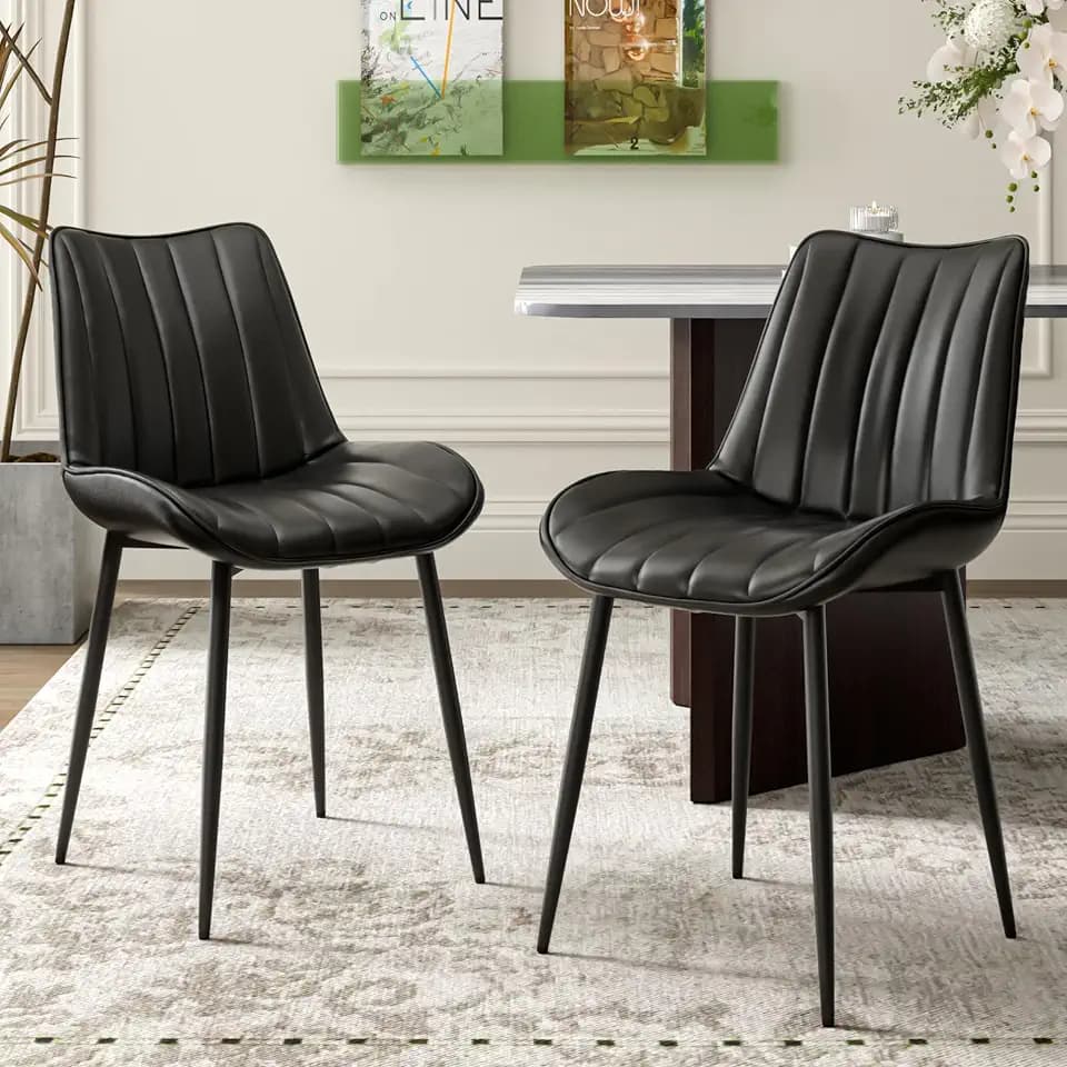 VECELO Dining Chairs Set of 2, Vegan Leather Fabric & Metal Frame, Mordern Style for Kitchen, Living Room, Offcie, Black