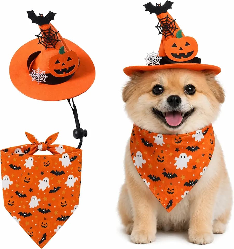 Halloween Kostüm Hund,Hundekostüm Set Mit Verstellbarer Mütze Und Kopftuch,Hundehalstuch Für Klein Groß Hunde & Katze,Dog Halloween Costume,Katzen Halloweenkostüm,Kürbis Halstücher Deko,Katzenkostüm