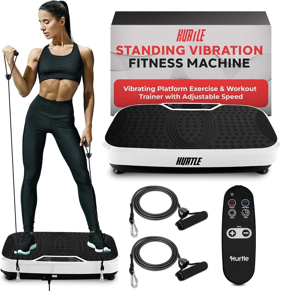 Hurtle Fitness Vibration Platform Machine - Home Gym Whole Body Shaker Exercise Machine Workout Trainer Fast Weight Loss w/Resistance Bands Easy Carry Wheel Remote Adjustable Speed