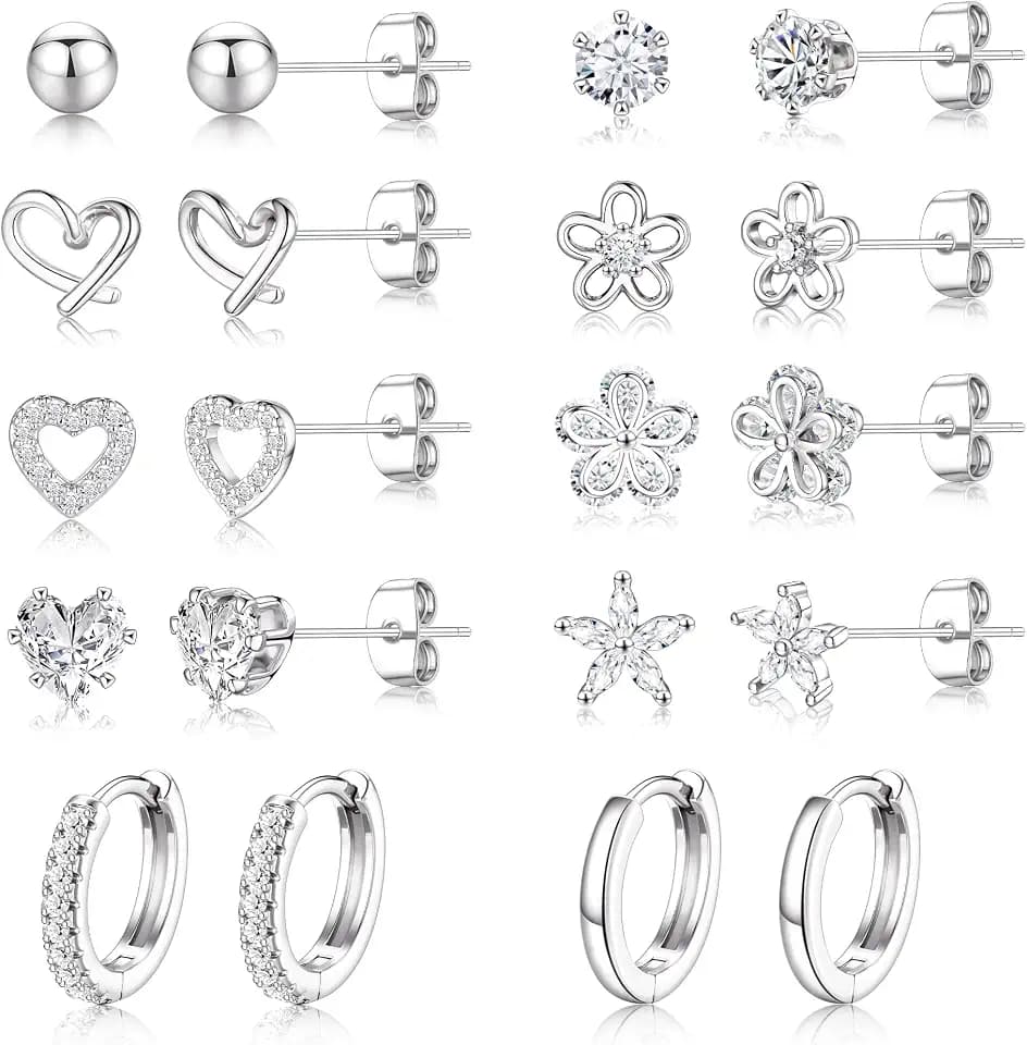 Small Gold Stud Earrings Set for Women - 14K Gold Plated CZ Huggie Hoops Hypoallergenic Earrings Dainty Flower Heart Stud Earrings for Jewelry Gift