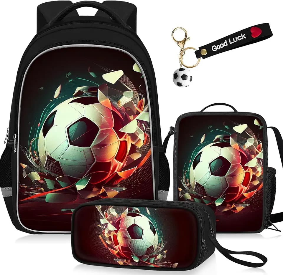 TILYTADLY School Backpack for Boys - 4pcs Soccer Boys Backpack with Lunch Box and Pencil Case for Kids Children Teens Elementary Middle School - Students Bag for Ages 6-18,17″Bookbag Travel Back Pack