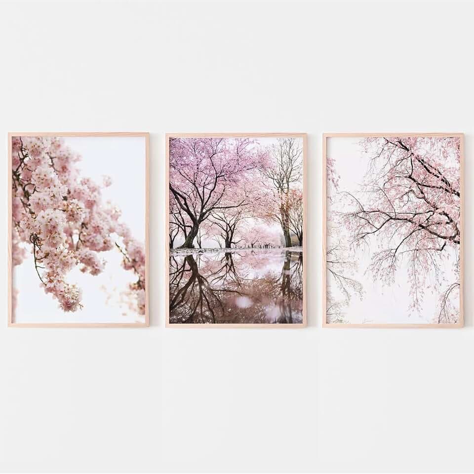 Wandkunstdrucke mit Kirschblüten, 3er-Set, Frühlingsblumenfotografie, rosa Sakura-Baumdrucke (A3-29,7 x 42,0 cm)